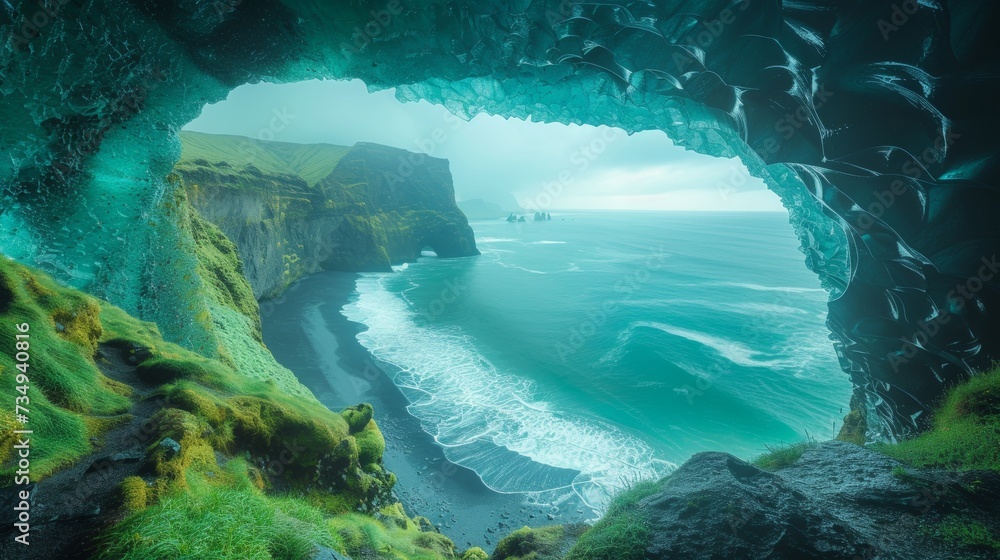 During a trip through Iceland, an unrecognizable traveler stands in a cave admiring the green majestic polar lights