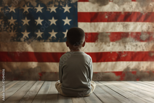 AI Generated Image Back view on a little cute African American boy sitting against American flag USA election concept