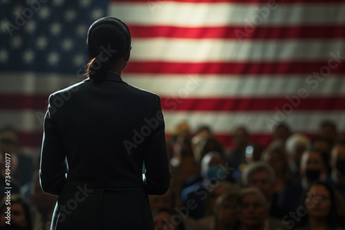 AI Generated Image Back view on female presidential candidate on at the meeting with people USA election concept photo