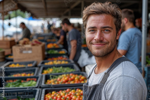 Smiling man enjoying a day at the farmers market Generative AI image photo
