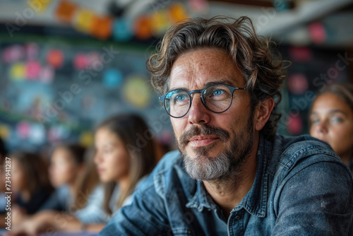 Thoughtful man in a classroom setting with students Generative AI image photo