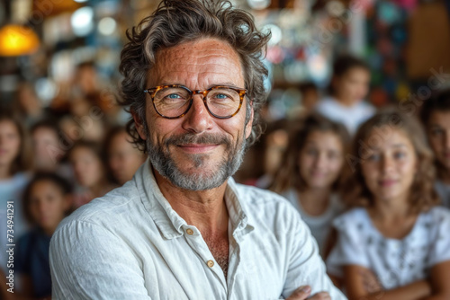 Mature man with glasses smiling in crowded room Generative AI image photo