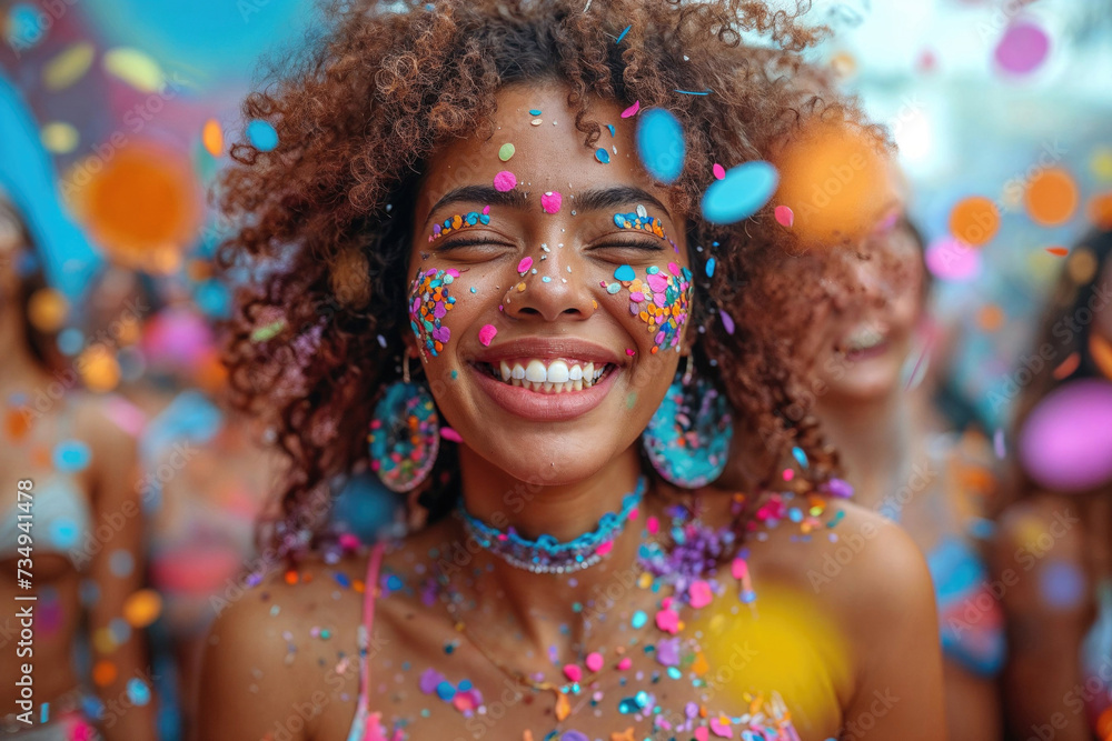 Joyful woman celebrating with colorful confetti at festival Generative AI image Joyful woman celebrating with colorful confetti at festival Generative AI image