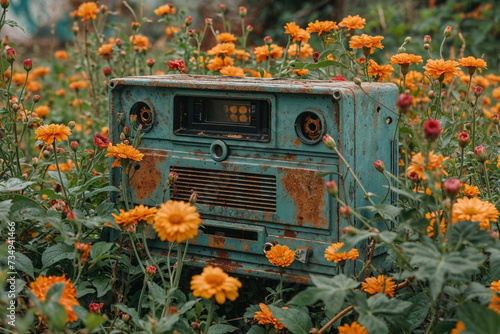 Vintage rusted tractor among vibrant flowers Generative AI image