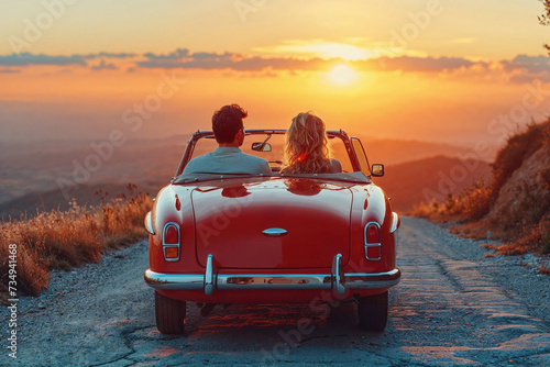 Romantic sunset road trip in vintage convertible Generative AI image photo