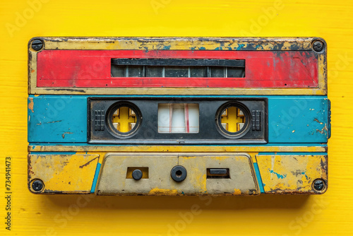 Vintage cassette tape on a yellow background Generative AI image photo