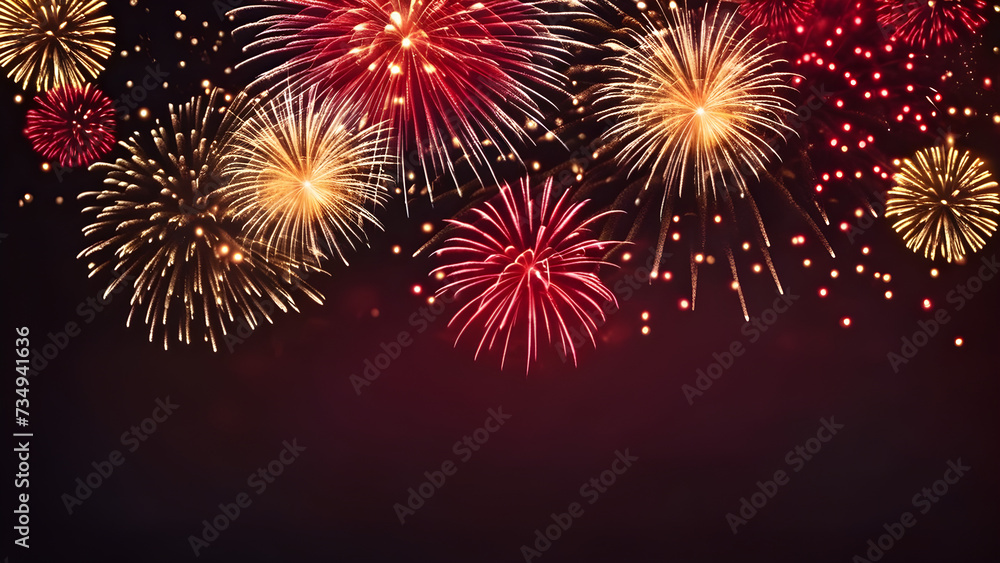 gold and dark violet fireworks and bokeh in new year eve and copy space abstract background water 