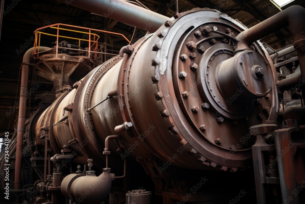 Fototapeta premium Close-up view of a tuyere, an essential component in blast furnaces, set against the backdrop of a bustling industrial plant