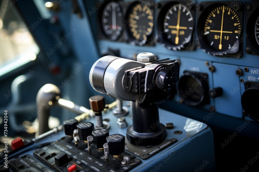 Fototapeta premium A Detailed Close-Up of a Control Yoke or Sidestick Used in Aviation, Set Against the Intricate Industrial Background of an Aircraft Cockpit