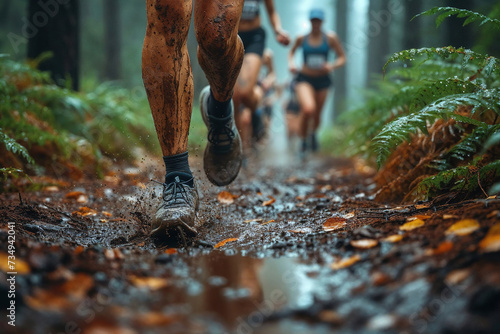 Trail runners in action during a forest race Generative AI image photo