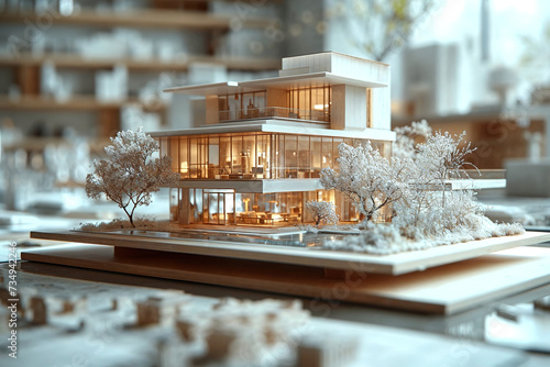 Illuminated scale model of a modern house design Generative AI image photo