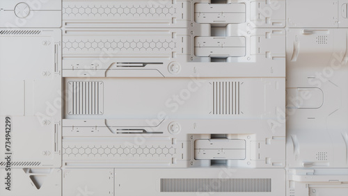 Innovative 3D Render. Technology Wallpaper with White, Science Fiction Hardware. photo