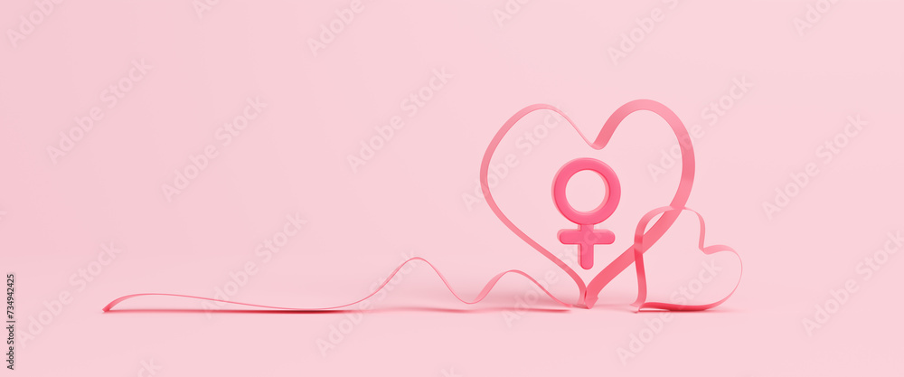 International Women's Day poster. Female gender symbols girl or women sign 3d background. Women's day banner and wishing happy holiday. Congratulating placard for brochures. 3d rendering illustration