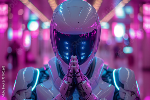 Futuristic robot with hands clasped in neon-lit environment Generative AI image photo