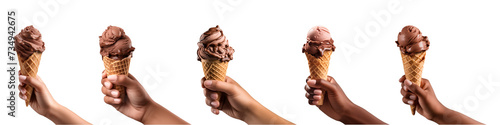 Collection of hand holding chocolate ice cream cone isolated on transparent background, PNG photo