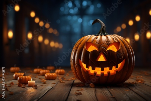 Festive radiance Halloween pumpkin on wooden table with glowing background photo
