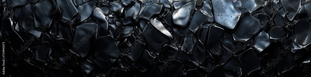 Dark, enigmatic obsidian wall in 3D, with a translucent sheen and edged silhouettes, suggesting depths of undiscovered secrets - obrazy, fototapety, plakaty 