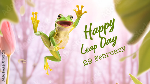 Happy green frog jumping on a pastel spring background with the text 