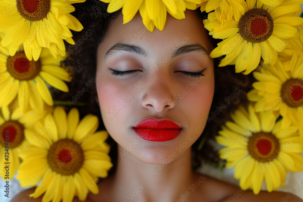 Woman adorned with sunflowers in serene pose Generative AI image Woman adorned with sunflowers in serene pose Generative AI image