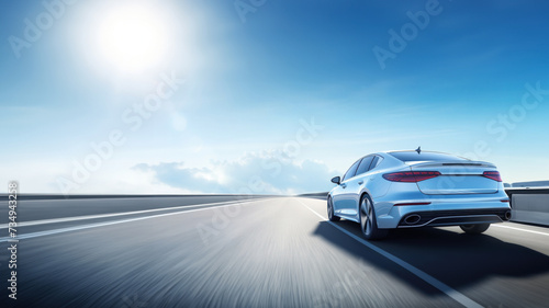 Sleek Luxury Car Speeding on Open Highway with Sunlight and Clear Sky