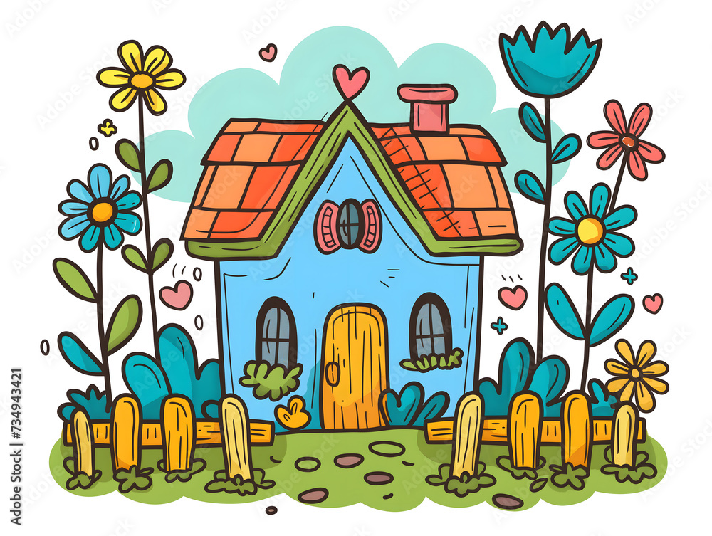 Illustration of a village house with fencing and plants in hand drawn style on a white background for a greeting card