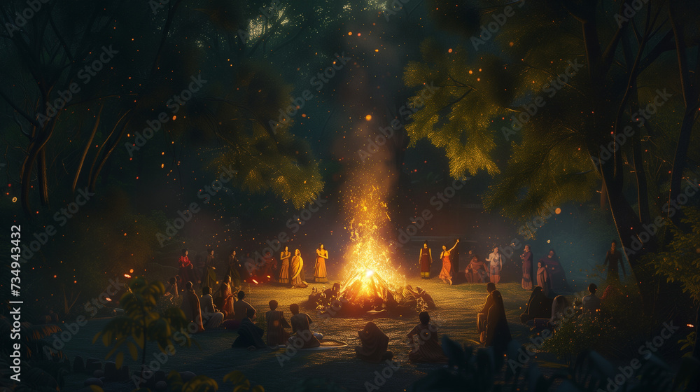 Beneath a canopy of stars, in a clearing surrounded by towering trees, a bonfire blazes, casting a warm glow upon a gathering of friends and family. 3