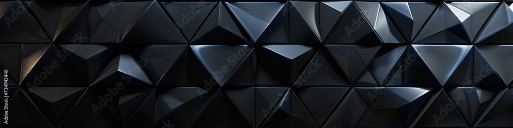 Dark geometric wall with glossy triangle tiles, creating a mirror effect. - obrazy, fototapety, plakaty 