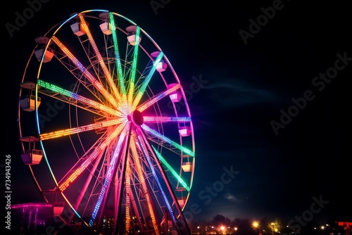 Nighttime spectacle Colourful Ferris wheel illuminates the beautiful night sky