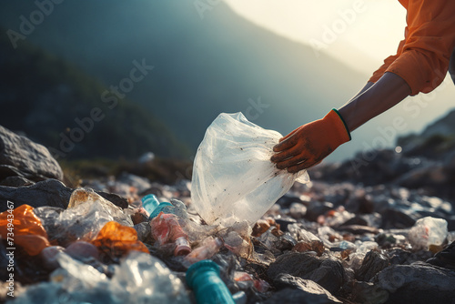 Person cleaning up plastic pollution in the environment Generative AI image photo