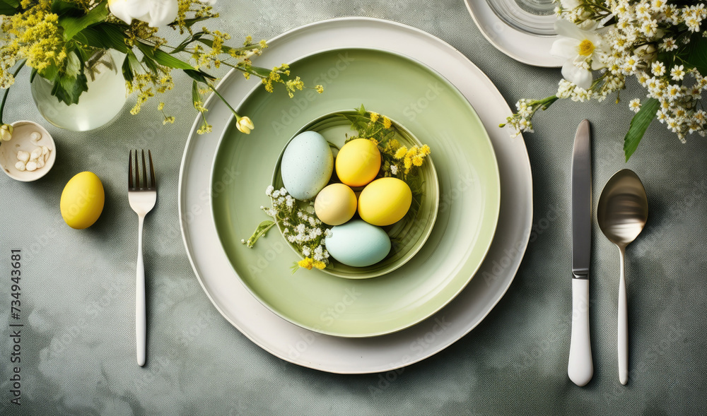 top view Easter dinner table setting. Easter decorating with eggs and spring flowers. top view Easter dinner table setting. Easter decorating with eggs and spring flowers.