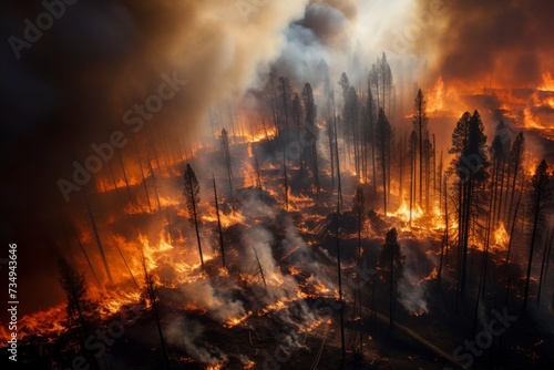 Forest ablaze Fire scene with powerful flames and billowing smoke