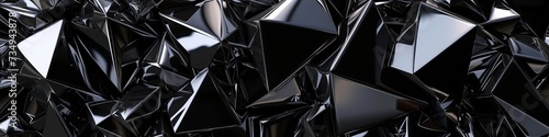 Enigmatic 3D wall of black obsidian, with a mirror-like gloss and angular facets, creating an illusion of endless depth. © Bilas AI