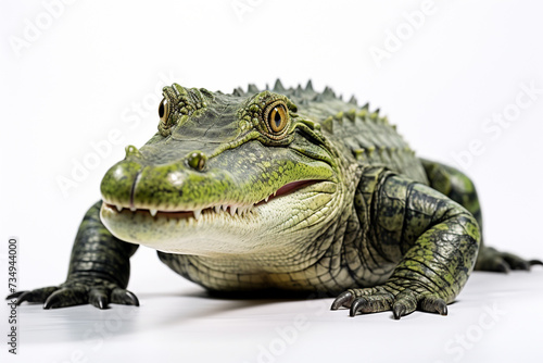 Close-up of a crocodile on a log with green moss