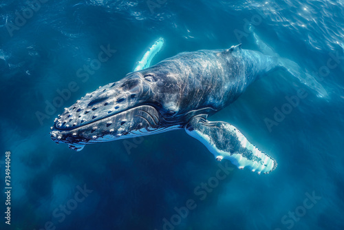 Majestic humpback whale swimming in the deep blue sea Generative AI image photo