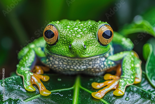 Close-up of a vibrant green frog on a leaf Generative AI image photo