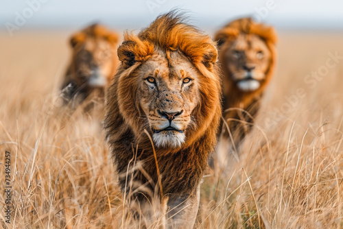 Majestic lion with pride on the move in tall grass Generative AI image photo