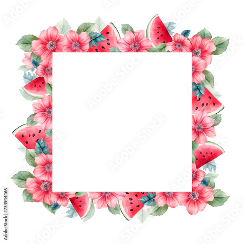 Frame with red watermelon slices and pink flowers in watercolor style. Summer juicy fruity berry background for photos or ads.