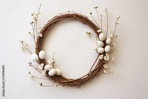 Minimal easter wreath and decor in flat lay style for festive season celebration