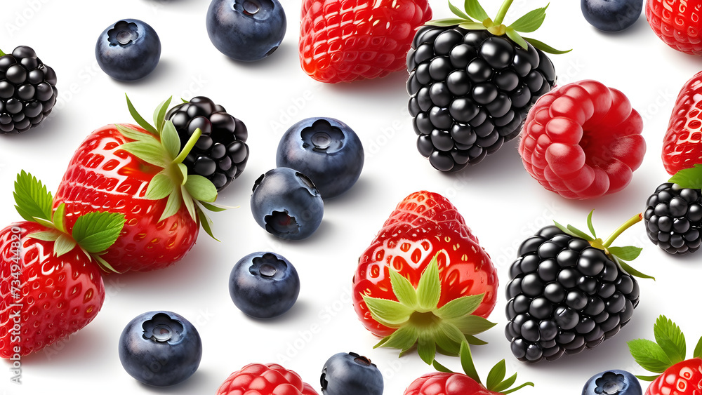strawberries raspberries blueberries and blackberries on a white isolated background. blackberry strawberries raspberries blueberries and blackberries on a white isolated background. blackberry