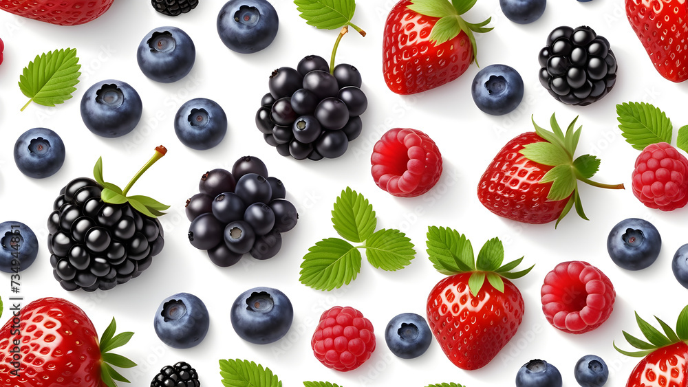 strawberries raspberries blueberries and blackberries on a white isolated background. blackberry strawberries raspberries blueberries and blackberries on a white isolated background. blackberry