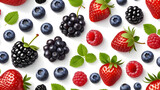 strawberries raspberries blueberries and blackberries on a white isolated background. blackberry 