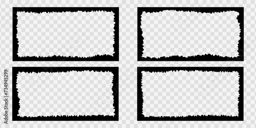 Set of jagged rectangular frames for collage, photo, picture. Sheets of paper with torn inner edges. Decorative borders in vintage style isolated on transparent background. Vector graphic illustration
