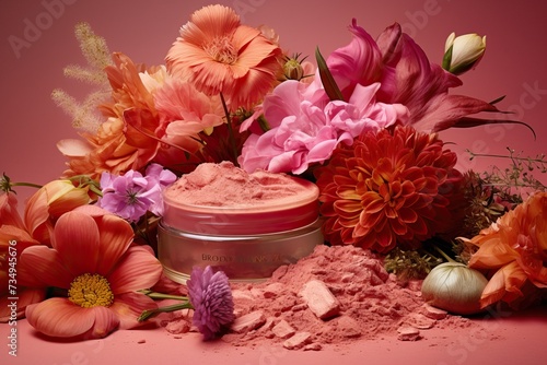 blush. cosmetic blush with flowers on pink background