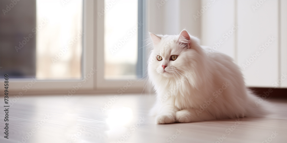 White fluffy cat lies on the floor in a bright room