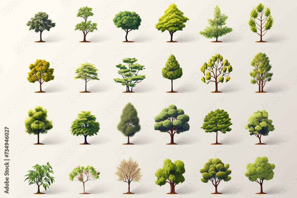Set of tree icons isolated on white background. 3d illustration.