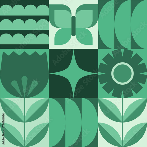 Modern geometric banner. Flowers, leaves and butterfly in flat minimalist style.