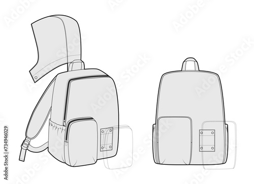 Modular backpack silhouette bag with a hood. Fashion accessory technical illustration. Vector schoolbag front 3-4 view for Men, women, unisex style, flat handbag CAD mockup sketch outline isolated