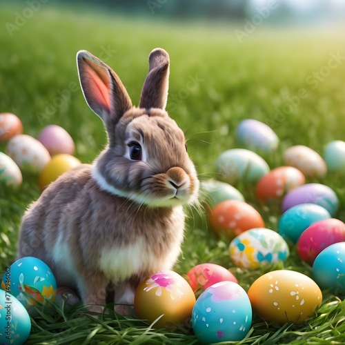 art Little Easter bunny and Easter eggs on green grass © QasimAli