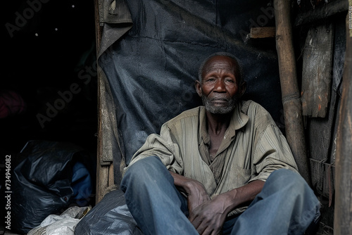 Elderly houseless man sits in a makeshift shelter, his face telling a story of hardship and resilience. Concept of the human condition, often used to raise awareness about homelessness, houselessness photo