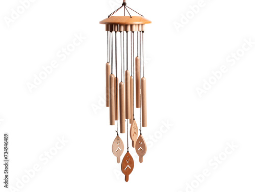 a wind chime with wooden sticks and leaves